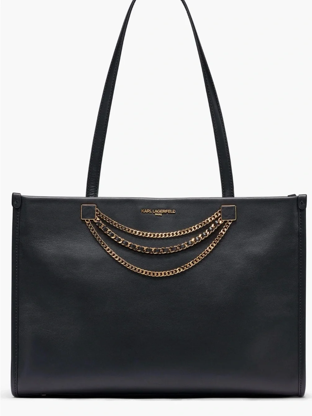 Karl Lagerfeld Black Leather Tote with Gold Chain Detail